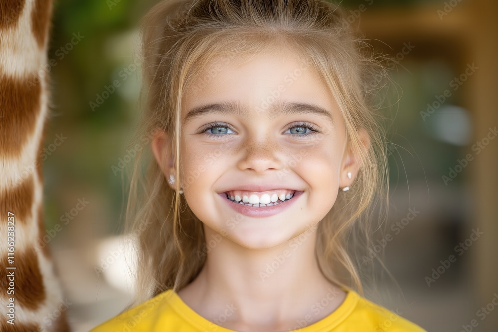 Joyful young girl with bright smile and giraffe in natural setting Joyful young girl with bright smile and giraffe in natural setting