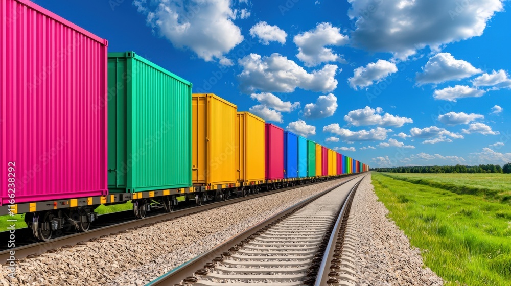 Fototapeta premium Colorful freight train on rails under vibrant blue sky with fluffy clouds in countryside