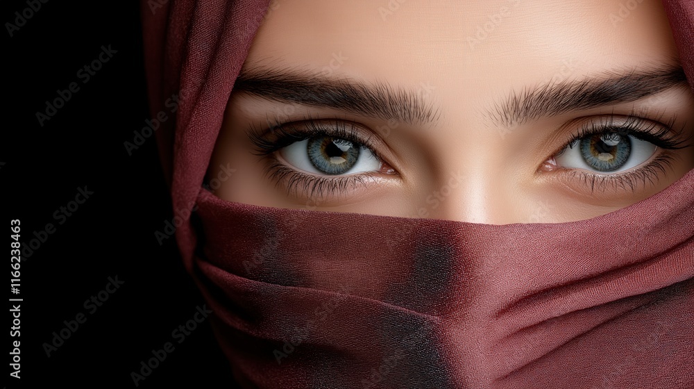 Enigmatic gaze: captivating eyes behind burgundy veil on black background Enigmatic gaze: captivating eyes behind burgundy veil on black background