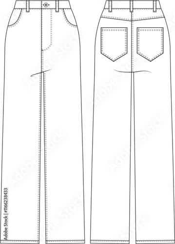 with pockets mid rise mid waist high rise waist straight leg denim jean pant template technical drawing flat sketch cad mockup fashion woman design style model 
