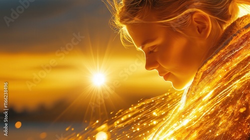 Radiant woman wrapped in golden light at sunset