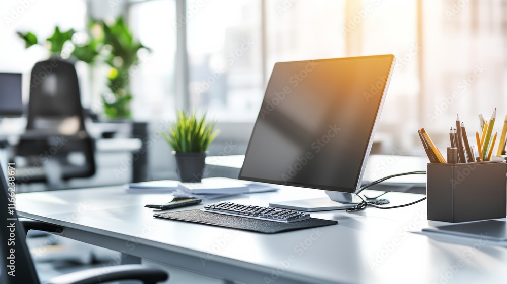 Modern Office Workspace with Bright Lighting and Plants Modern Office Workspace with Bright Lighting and Plants