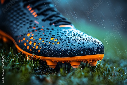 Close-up of a soccer shoe covered in rain drops on grass. photo