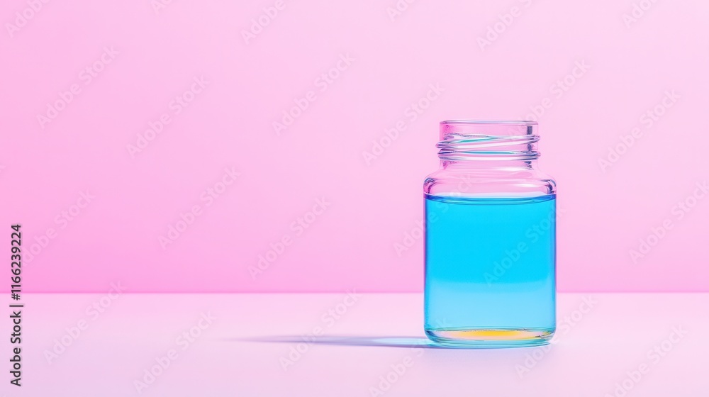 Minimalist glass bottle with blue liquid on pink background Minimalist glass bottle with blue liquid on pink background