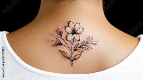 Elegant floral tattoo design on woman's neck with white top photo