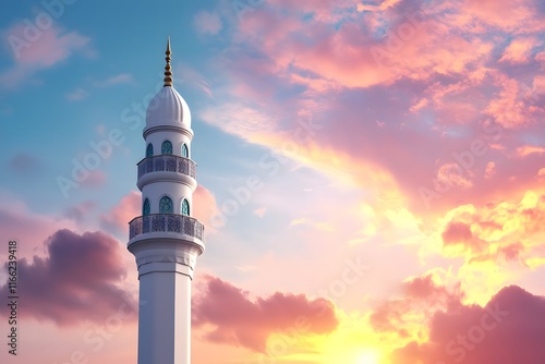 Majestic Mosque Minaret Against a Vibrant Sunrise Sky with Soft Clouds and Warm Colors Reflecting in the Morning Light photo