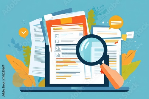 quality assurance concept with magnifying glass examining virtual documents