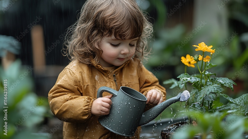 Fototapeta premium Toddler Watering Plants in the Rain