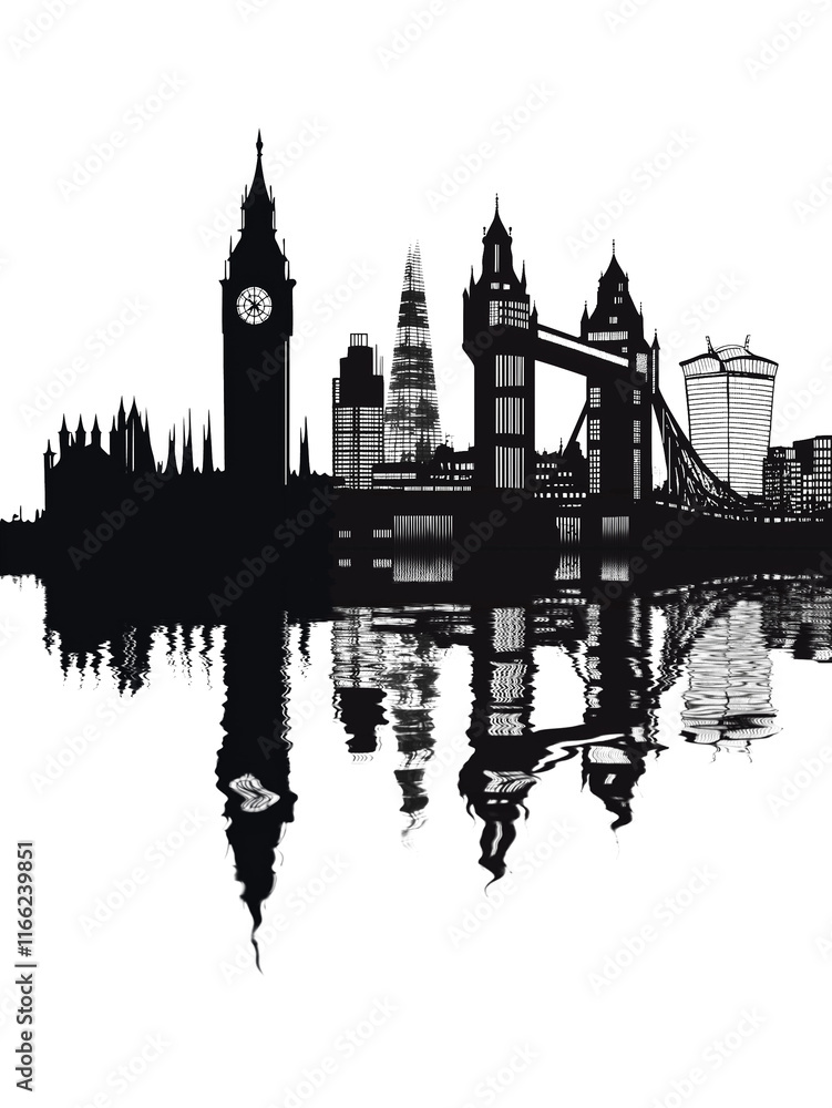 Obraz premium Simplified black and white city silhouette of London with symbolized Big Ben, Tower Bridge, Shard and buildings reflected in water, creating serene visual effect. White background, copy space, 9:16