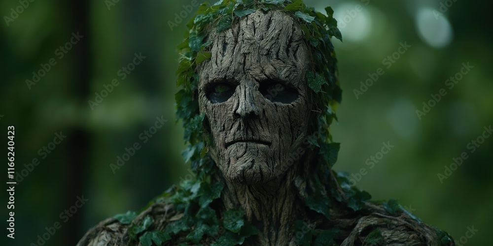 Wooden humanoid figure with moss, ivy. Eerie expression on bark-like texture face. Forest background. Nature inspired art piece. Mysterious, wild creature. Organic, detailed sculpture. Ancient spirit Wooden humanoid figure with moss, ivy. Eerie expression on bark-like texture face. Forest background. Nature inspired art piece. Mysterious, wild creature. Organic, detailed sculpture. Ancient spirit