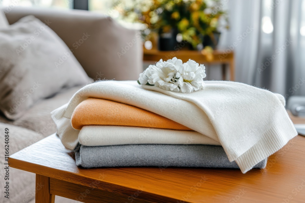 Cozy Arrangement of Soft Blankets on a Wooden table with a Decorative Flower and a Warm Home Atmosphere for Interior Design Concepts and Relaxation Cozy Arrangement of Soft Blankets on a Wooden table with a Decorative Flower and a Warm Home Atmosphere for Interior Design Concepts and Relaxation