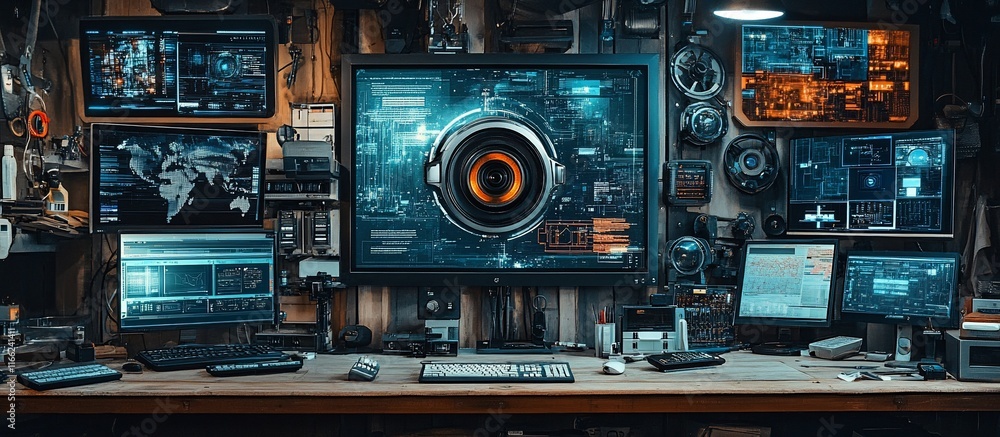 Fototapeta premium High-Tech Surveillance Command Center: A Futuristic Hacker's Workstation