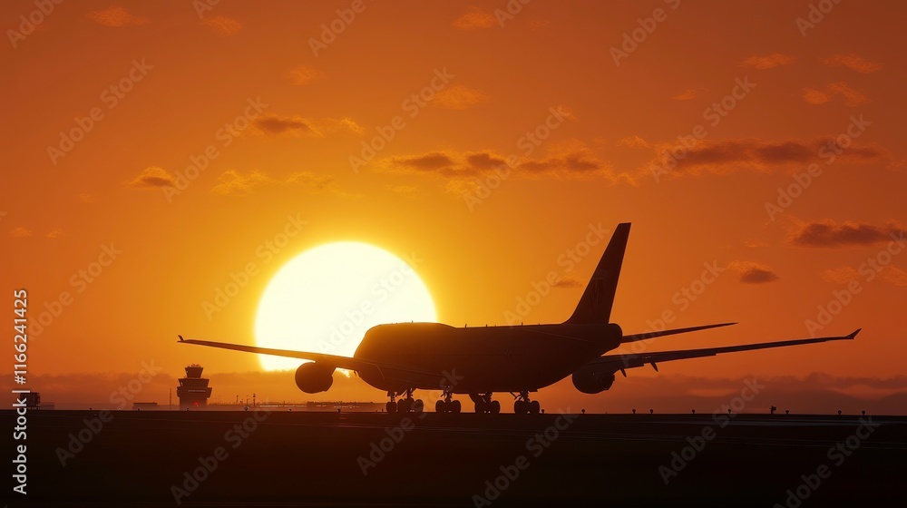 Fototapeta premium Aircraft Silhouette at Sunset with Control Tower Background