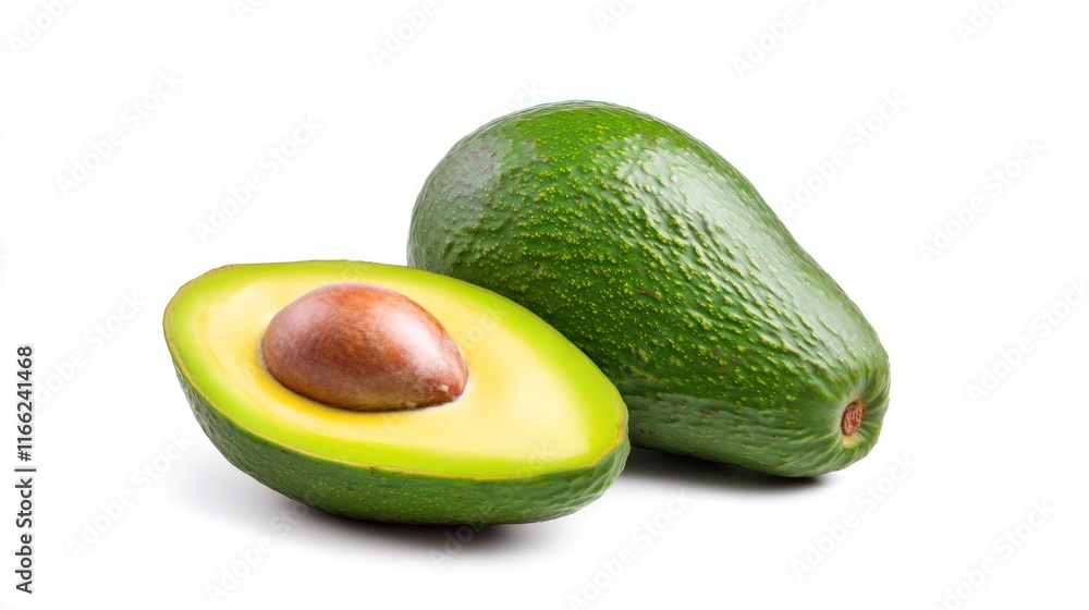 A whole and halved avocado showcasing its creamy flesh and seed. A whole and halved avocado showcasing its creamy flesh and seed.