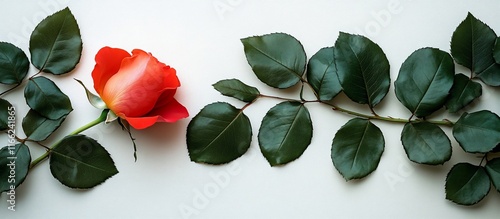 Single Red Rose with Green Leaves on White Background