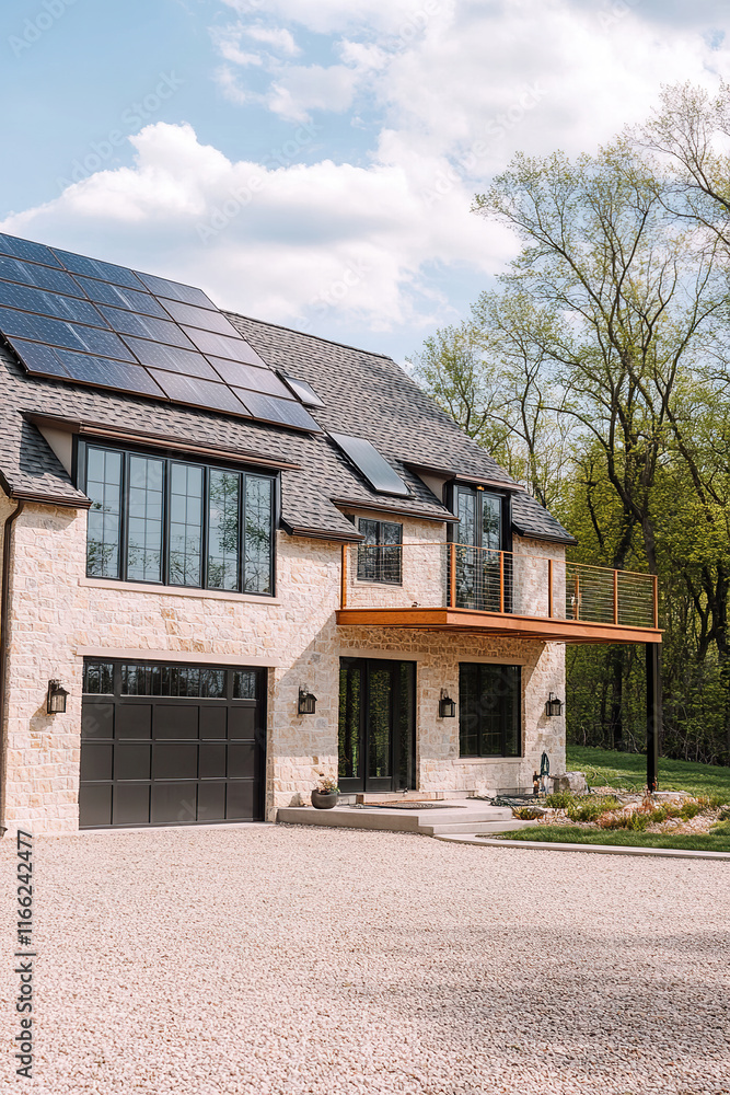 This contemporary home, adorned with sleek solar panels, is perfectly situated within a tranquil landscape, embodying the principles of eco-friendly living. This contemporary home, adorned with sleek solar panels, is perfectly situated within a tranquil landscape, embodying the principles of eco-friendly living.
