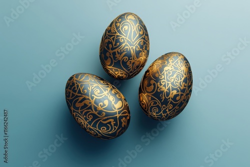 Three striking dark eggs richly decorated with gold designs create a dramatic yet elegant visual appeal on a turquoise surface. photo