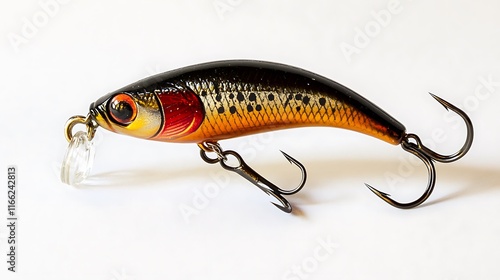 Close-up of a fishing lure with black, orange, and brown colors, showing details of hooks and design. photo