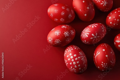 A collection of beautifully painted red Easter eggs featuring whimsical patterns, set on a rich red background.