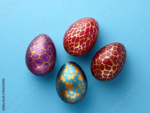 Wallpaper Mural A vibrant collection of decorative Easter eggs displayed creatively against a blue background, perfect for spring themes. Torontodigital.ca