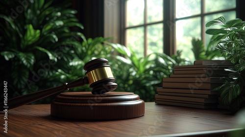 Wooden gavel sits on wooden desk with green plants. Books stacked near gavel. Large windows let in natural light. Tranquil office setting evokes sense of justice, serenity. Image suggests legal photo