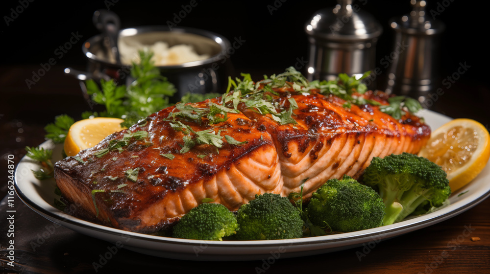A healthy and delicious grilled salmon steak served with sautéed vegetables on a dinner plate, studio view. A healthy and delicious grilled salmon steak served with sautéed vegetables on a dinner plate, studio view.