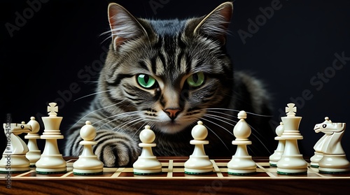 
Strategic cat playing chess with focus and determination, symbolizing intelligence, strategy, and tactical thinking, perfect for content related to problem-solving, logic, and critical decision-makin photo