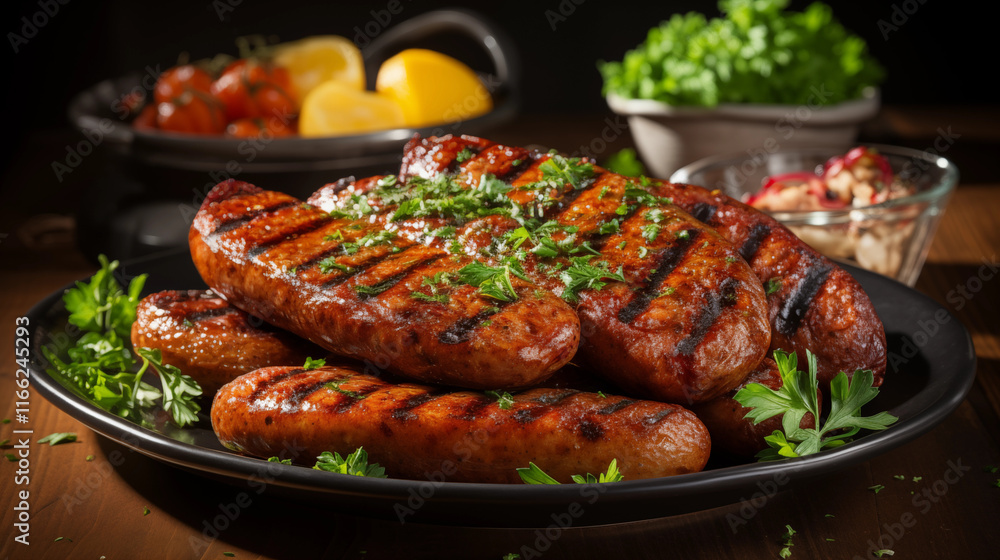Juicy grilled sausages with golden-brown crust served on a wooden plate, studio view. Juicy grilled sausages with golden-brown crust served on a wooden plate, studio view.