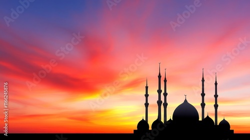 Silhouette of a mosque against a vibrant sunset sky.