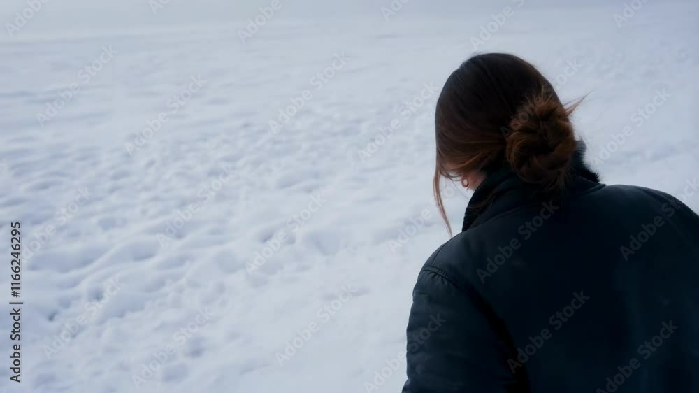 a woman from behind, dressed in winter clothes with a snug bomber jacket, walking across a vast snowy landscape. a woman from behind, dressed in winter clothes with a snug bomber jacket, walking across a vast snowy landscape.