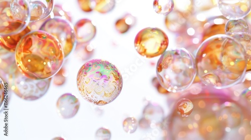 Colorful iridescent soap bubbles floating on white background.