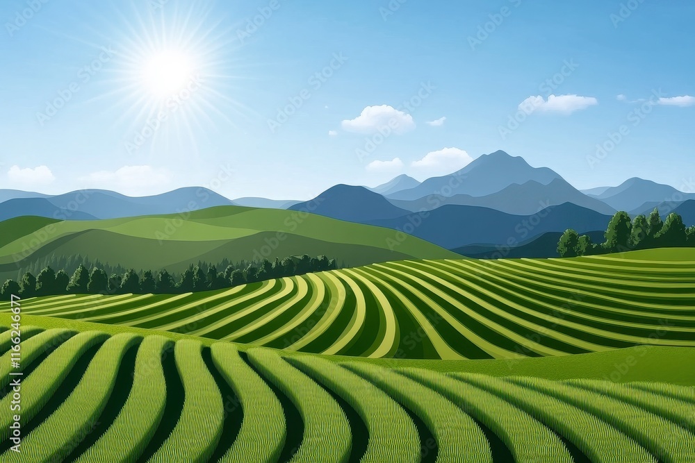 Serene Landscape with Rolling Green Hills, Sunlit Fields, and Majestic Mountains under Clear Sky Capturing the Beauty of Nature's Aesthetic Charm Serene Landscape with Rolling Green Hills, Sunlit Fields, and Majestic Mountains under Clear Sky Capturing the Beauty of Nature's Aesthetic Charm