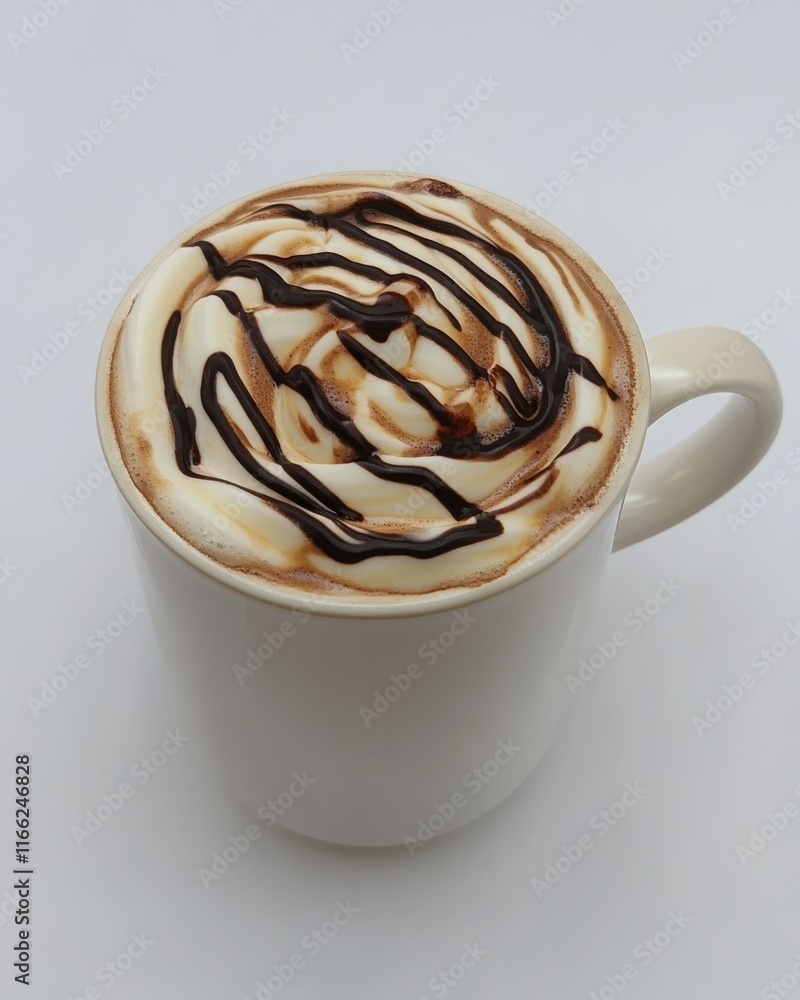 Creamy Coffee Beverage with Chocolate Drizzle Topped with Frothy Milk Swirls in a White Mug Against a Neutral Background Creamy Coffee Beverage with Chocolate Drizzle Topped with Frothy Milk Swirls in a White Mug Against a Neutral Background