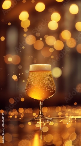 Cold, golden beer in a stemmed glass on a bar, illuminated by bokeh lights.
