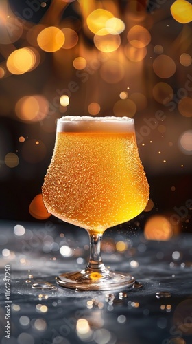 Cold, golden beer in a stemmed glass with condensation, set against a bokeh background.