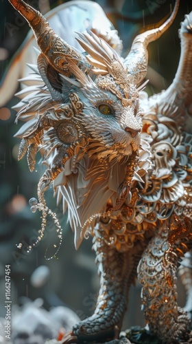 Ornate, winged feline creature with horns, intricate details, and mystical aura.