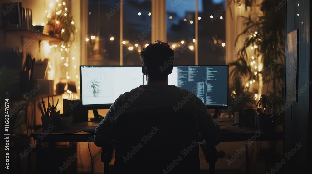 Man coding late at night in home office. generative ai Man coding late at night in home office. generative ai