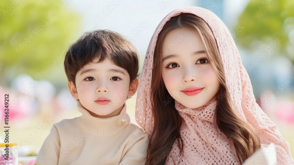 A woman and a child posing together outdoors, smiling warmly. A woman and a child posing together outdoors, smiling warmly.