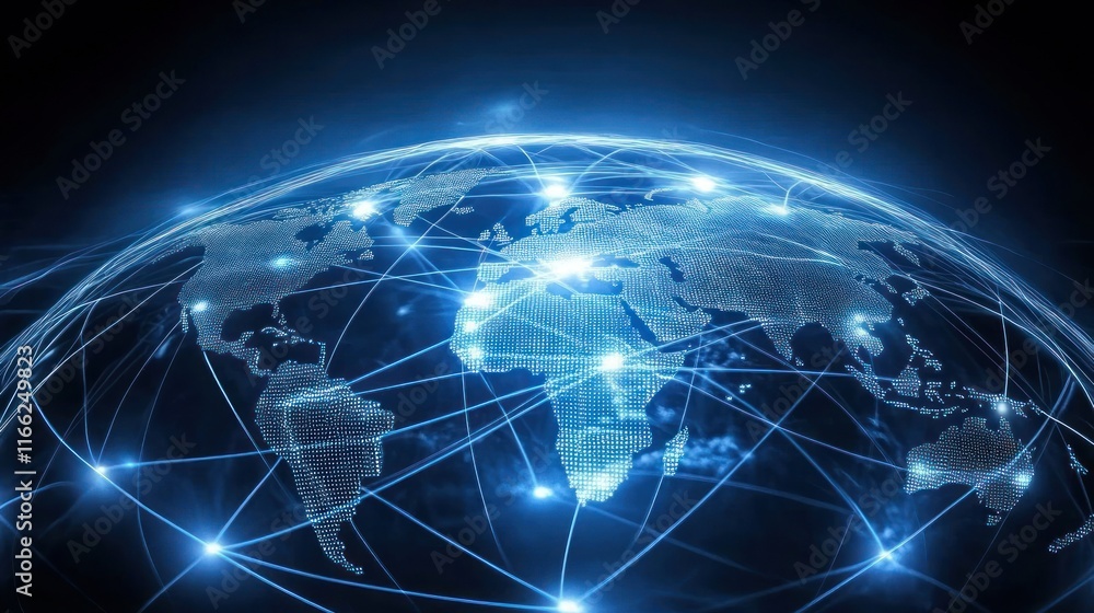A digital representation of the Earth with interconnected networks and glowing nodes.