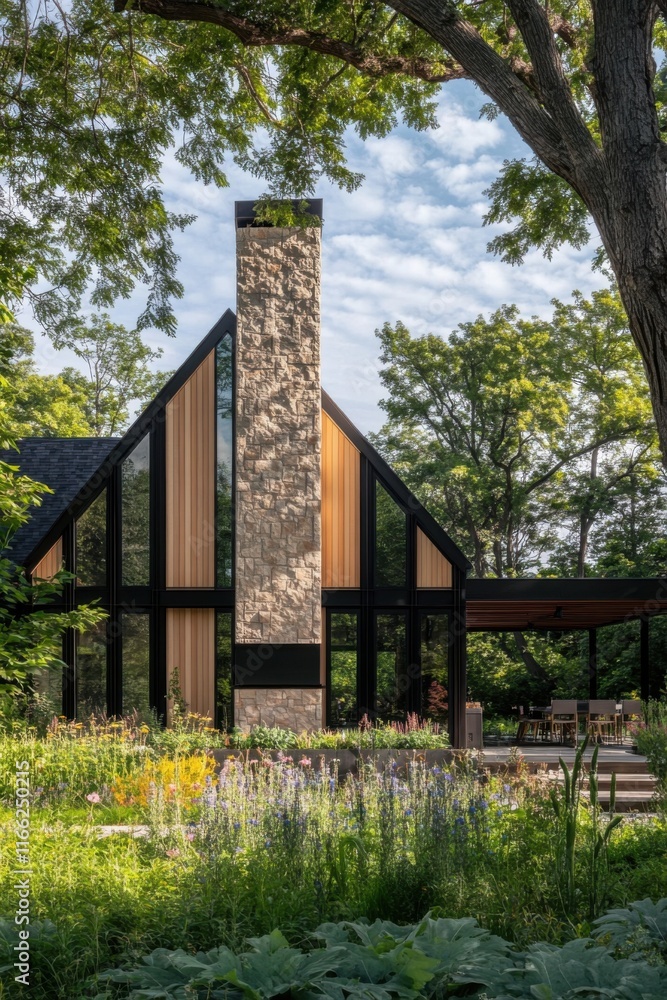 Modern architectural design features large windows and a distinctive chimney in a lush garden setting during daylight hours