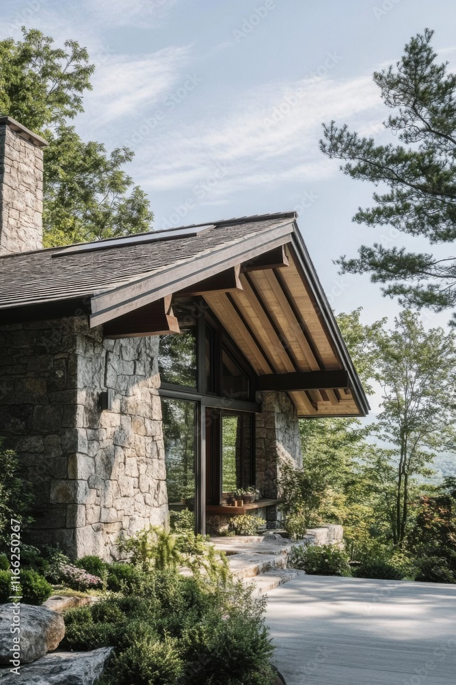A charming rustic stone house is nestled amidst vibrant greenery, creating a peaceful retreat in a serene forest setting, bathed in warm afternoon light A charming rustic stone house is nestled amidst vibrant greenery, creating a peaceful retreat in a serene forest setting, bathed in warm afternoon light