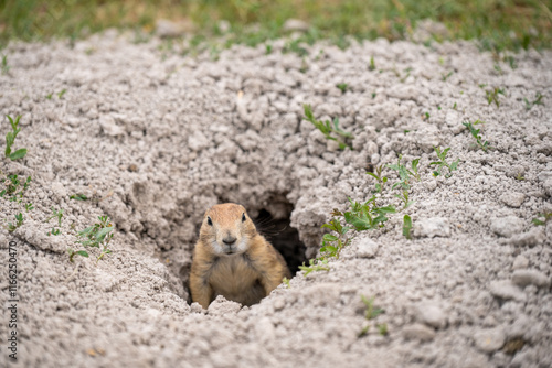 prairie dog peeking out of an underground hole to it's home