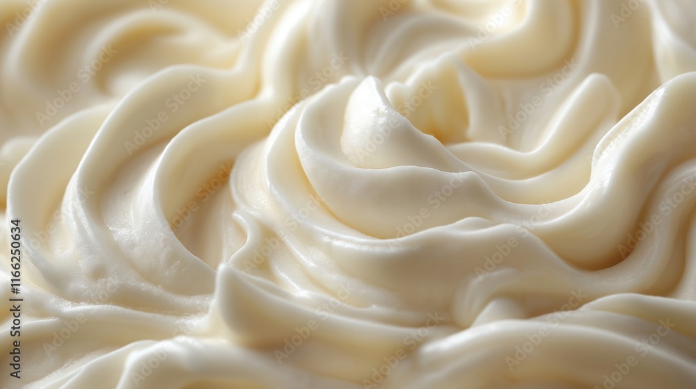 Fototapeta premium Closeup view of creamy vanilla yogurt. Texture shows soft, smooth swirls, waves. Product shot captures light, creamy texture. Dairy product appears fresh, healthy. Abstract image ideal for food