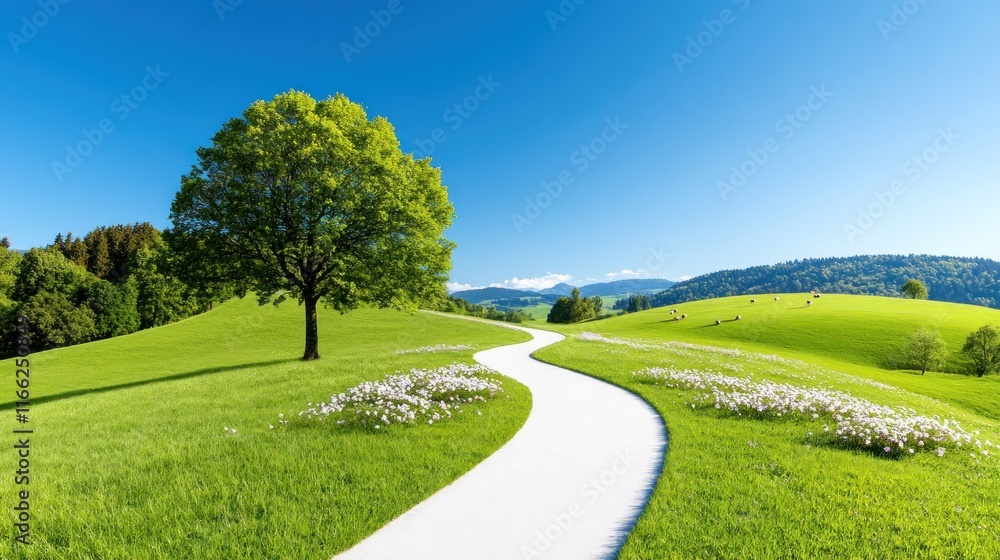Naklejka premium Serene landscape with a winding path through green hills.