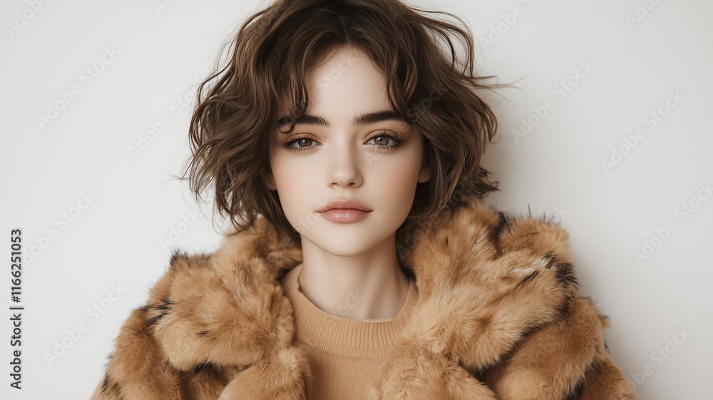 Winter luxury fur coat fashion model posing in store.
Winter luxury fur coat fashion model posing in store.