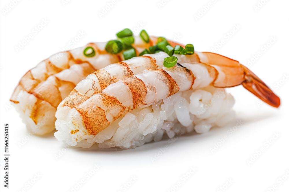 one shrimp nigiri Sushi , top view, on isolated white background one shrimp nigiri Sushi , top view, on isolated white background
