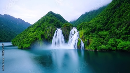 Serene waterfall cascading into a tranquil lake surrounded by lush greenery.