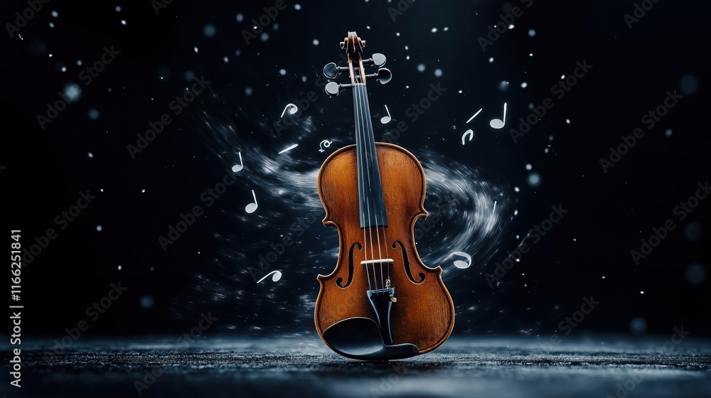 Fototapeta premium Upright violin surrounded by swirling musical notes. Dynamic visual effects create sense of musical expression. Traditional artistry blends with animated notes swirling around elegant classical