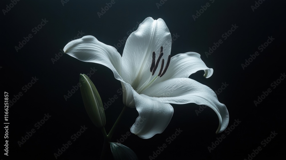 Single white lily blossom against dark background. generative ai Single white lily blossom against dark background. generative ai