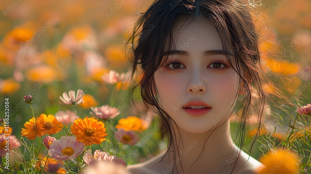 Naklejka premium Woman in Flower Field
